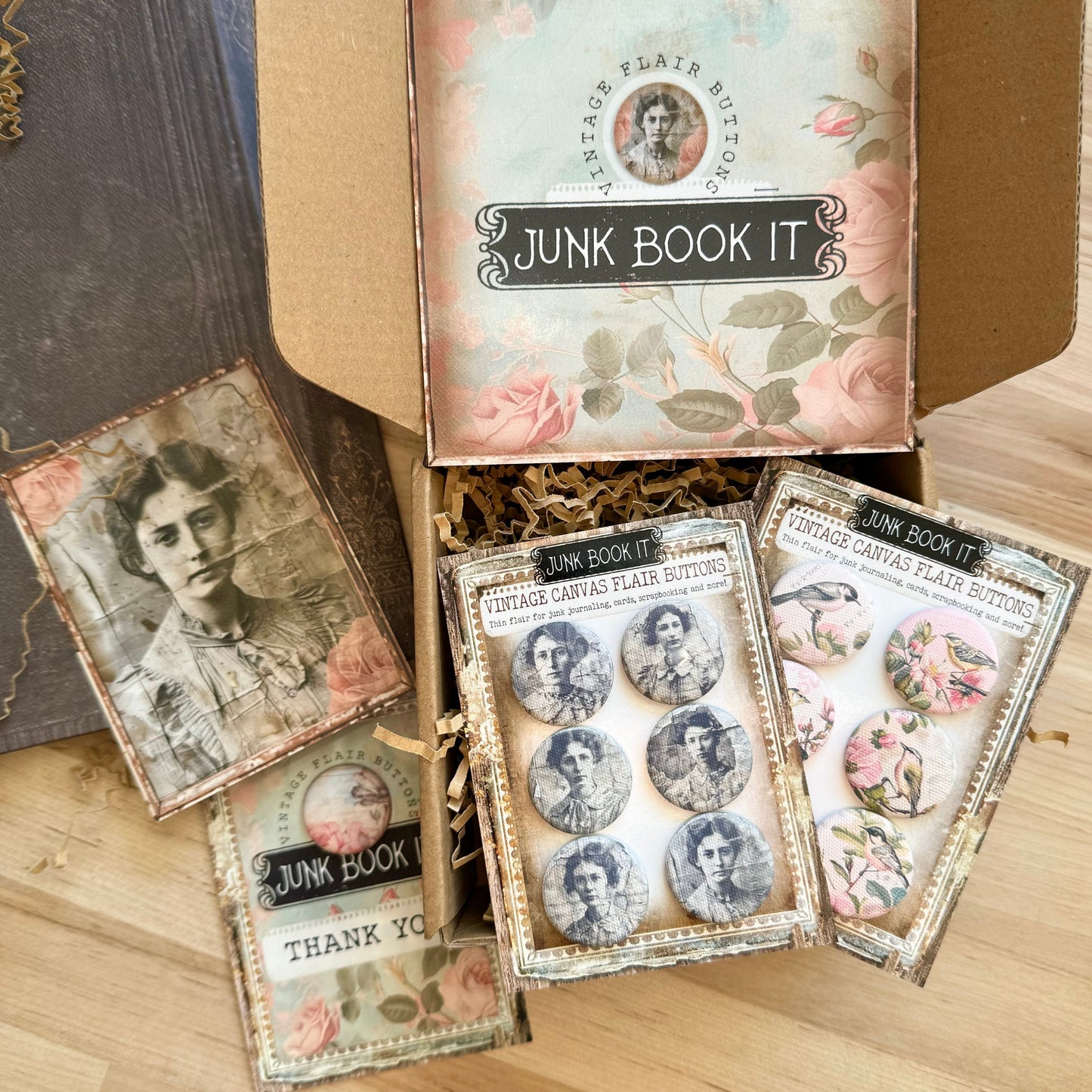 Vintage Pink Birds Canvas Flair Buttons