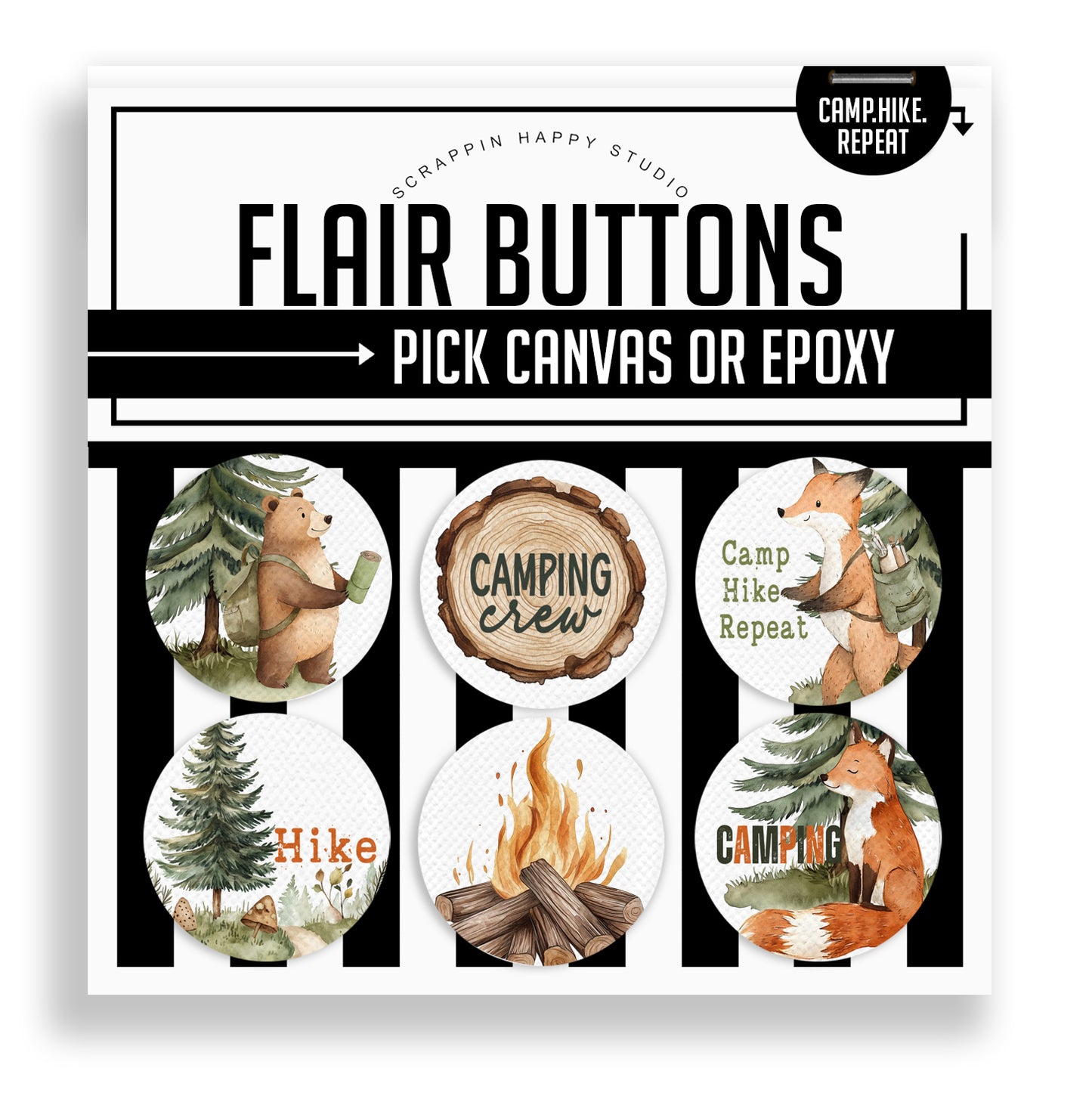 Camp. Hike. Repeat. Flair Buttons