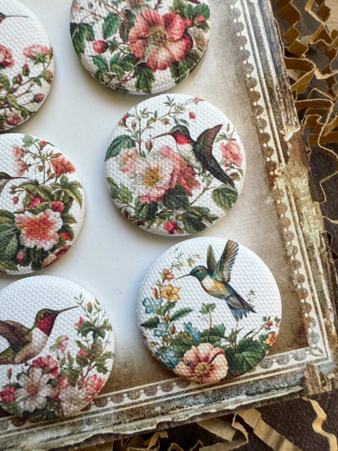 Vintage Hummingbird Canvas Flair Buttons