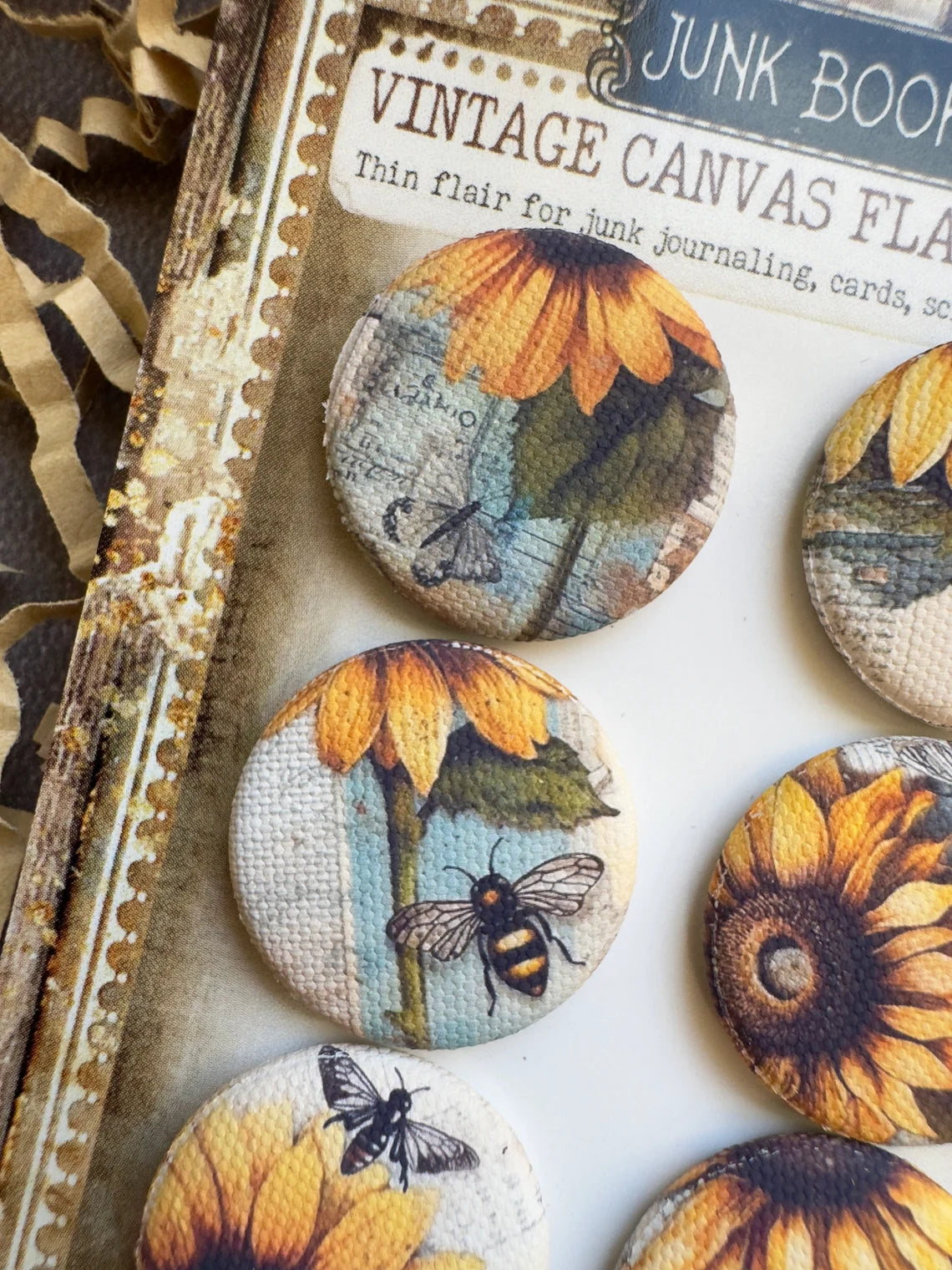 Vintage Sunflower Bee Canvas Flair Buttons