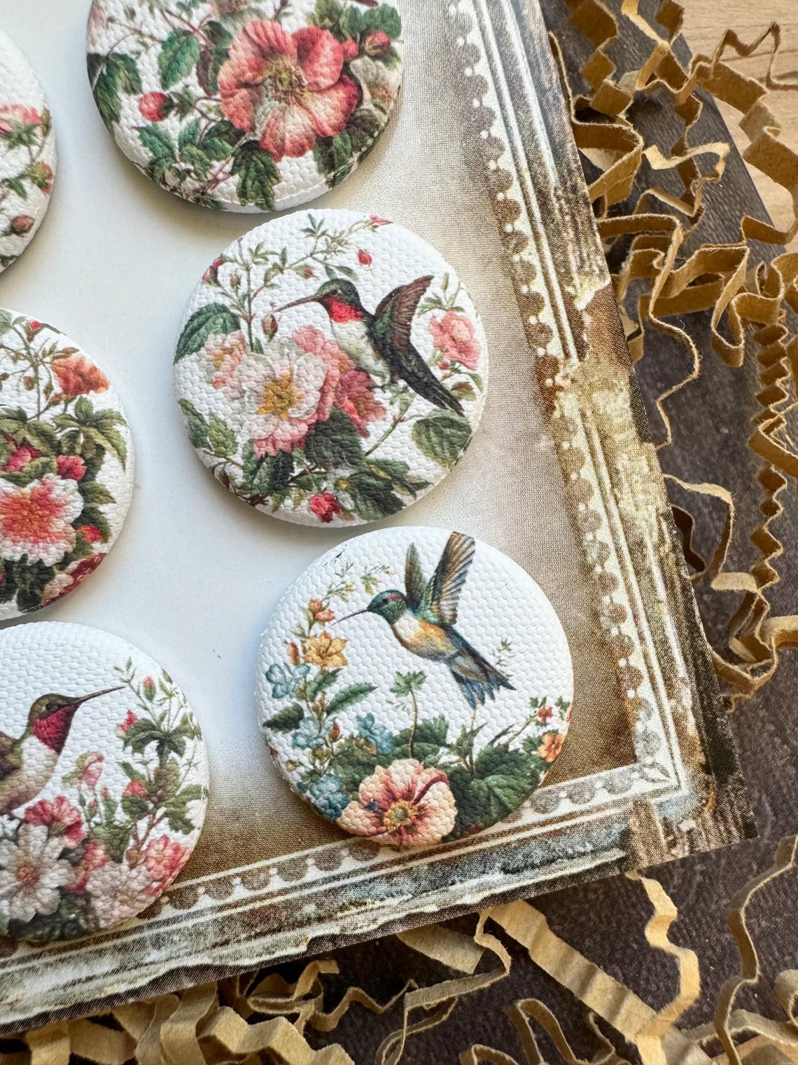 Vintage Hummingbird Canvas Flair Buttons
