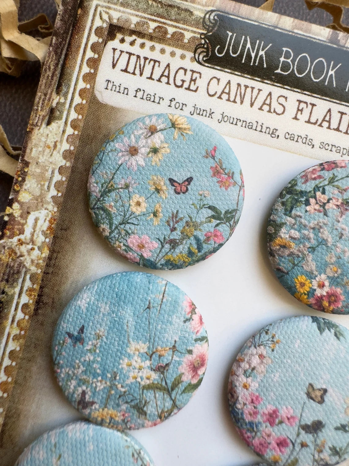 Vintage Blue Butterfly Florals Canvas Flair Buttons
