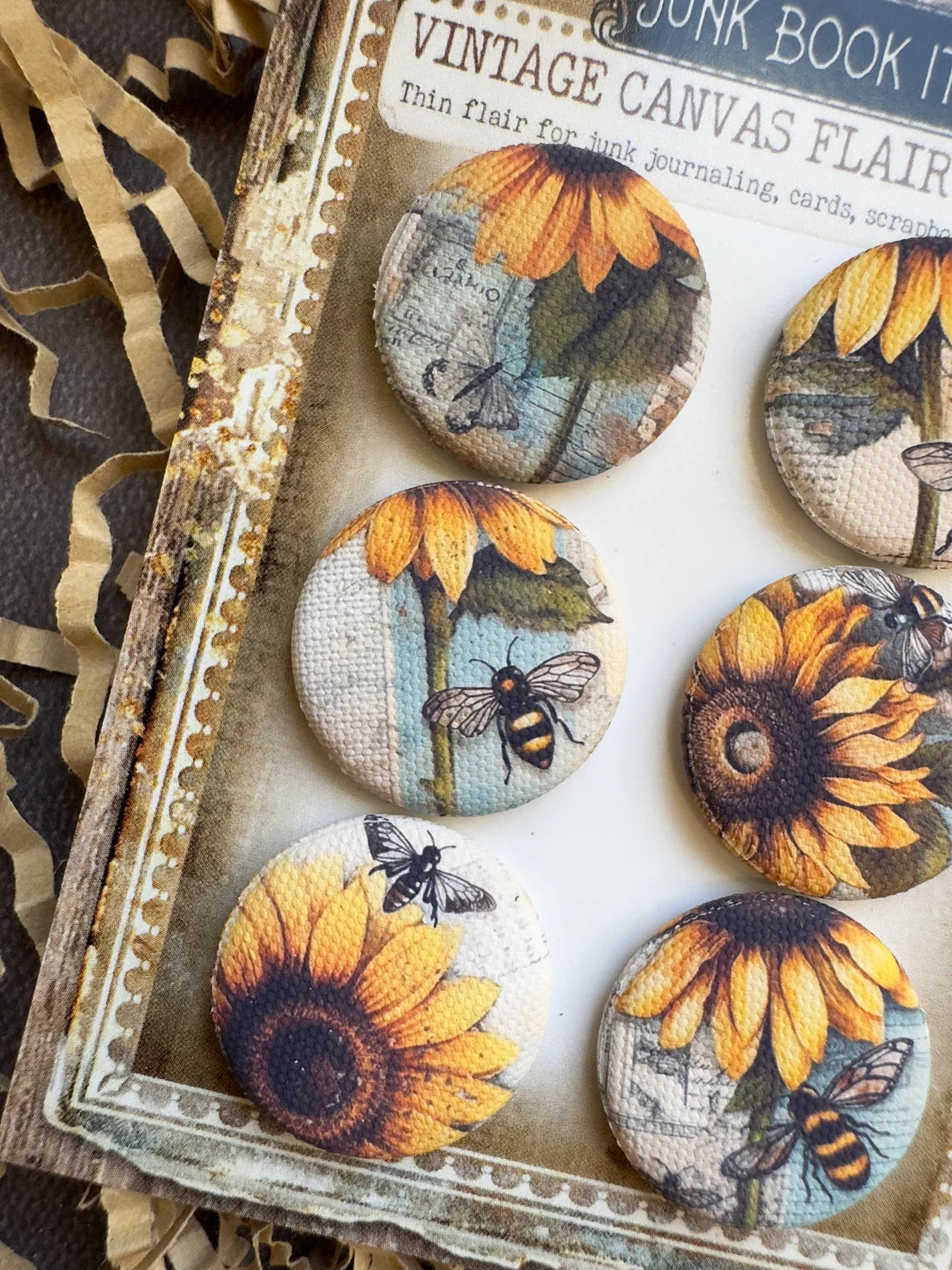 Vintage Sunflower Bee Canvas Flair Buttons
