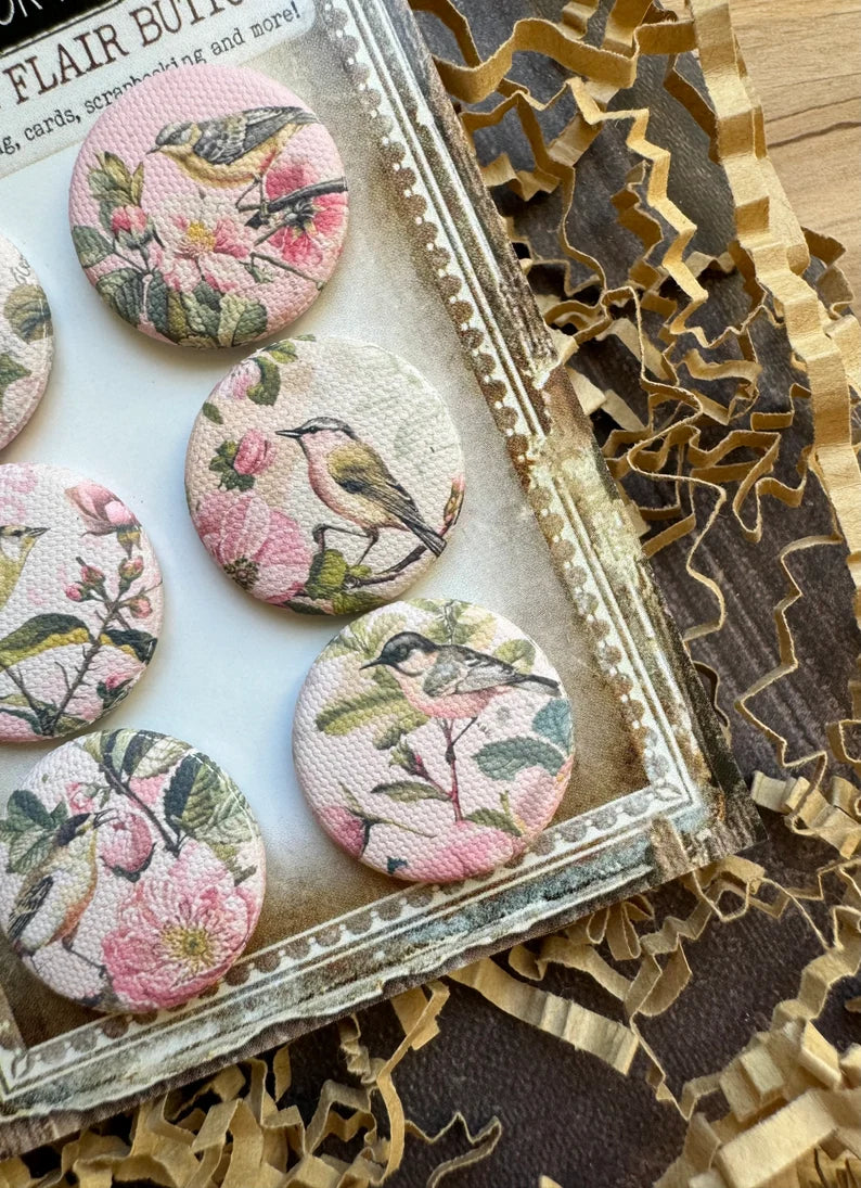 Vintage Pink Birds Canvas Flair Buttons