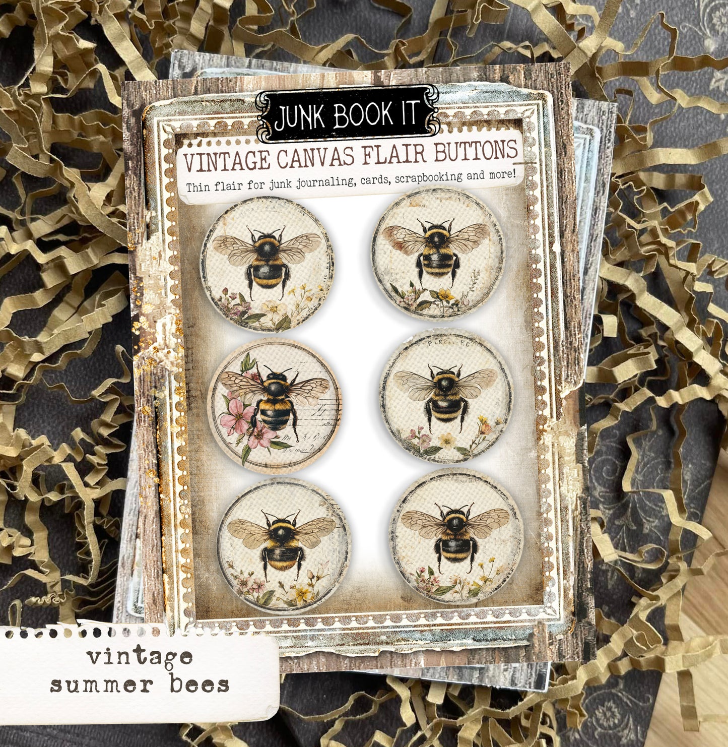 Vintage Summer Bees Canvas Flair Buttons