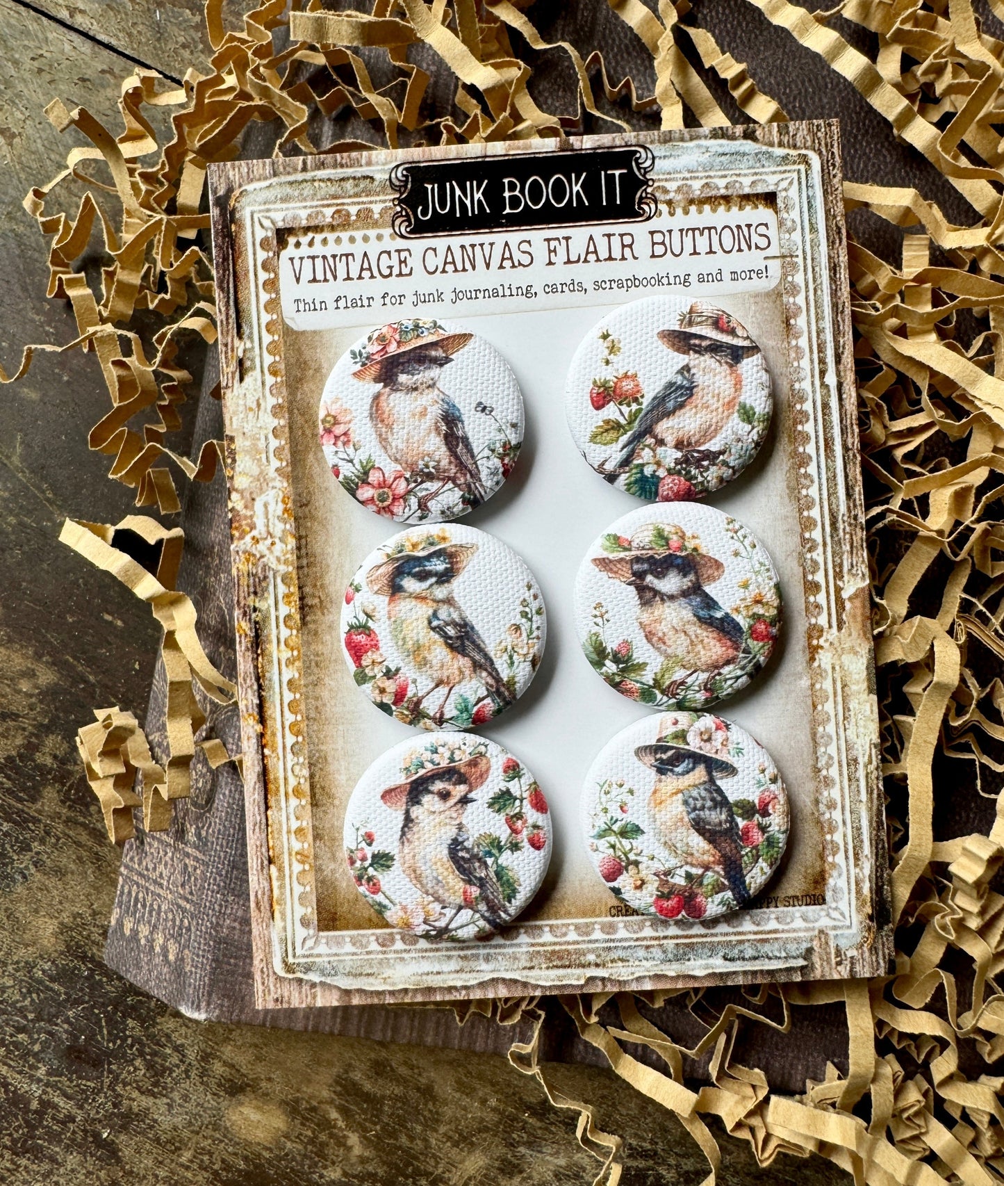 Vintage Strawberry Birds Canvas Flair Buttons