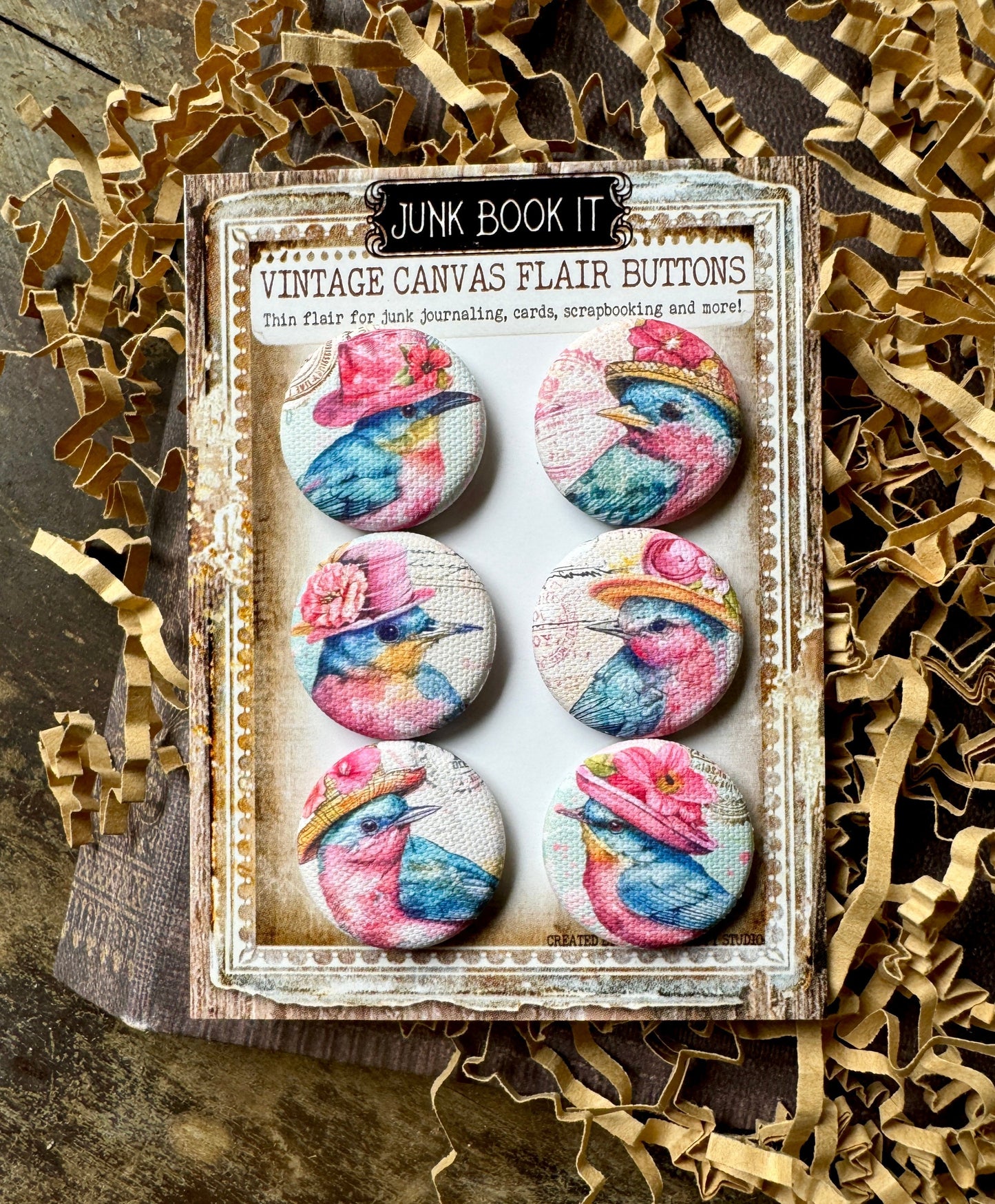 Vintage Sassy Birds Canvas Flair Buttons