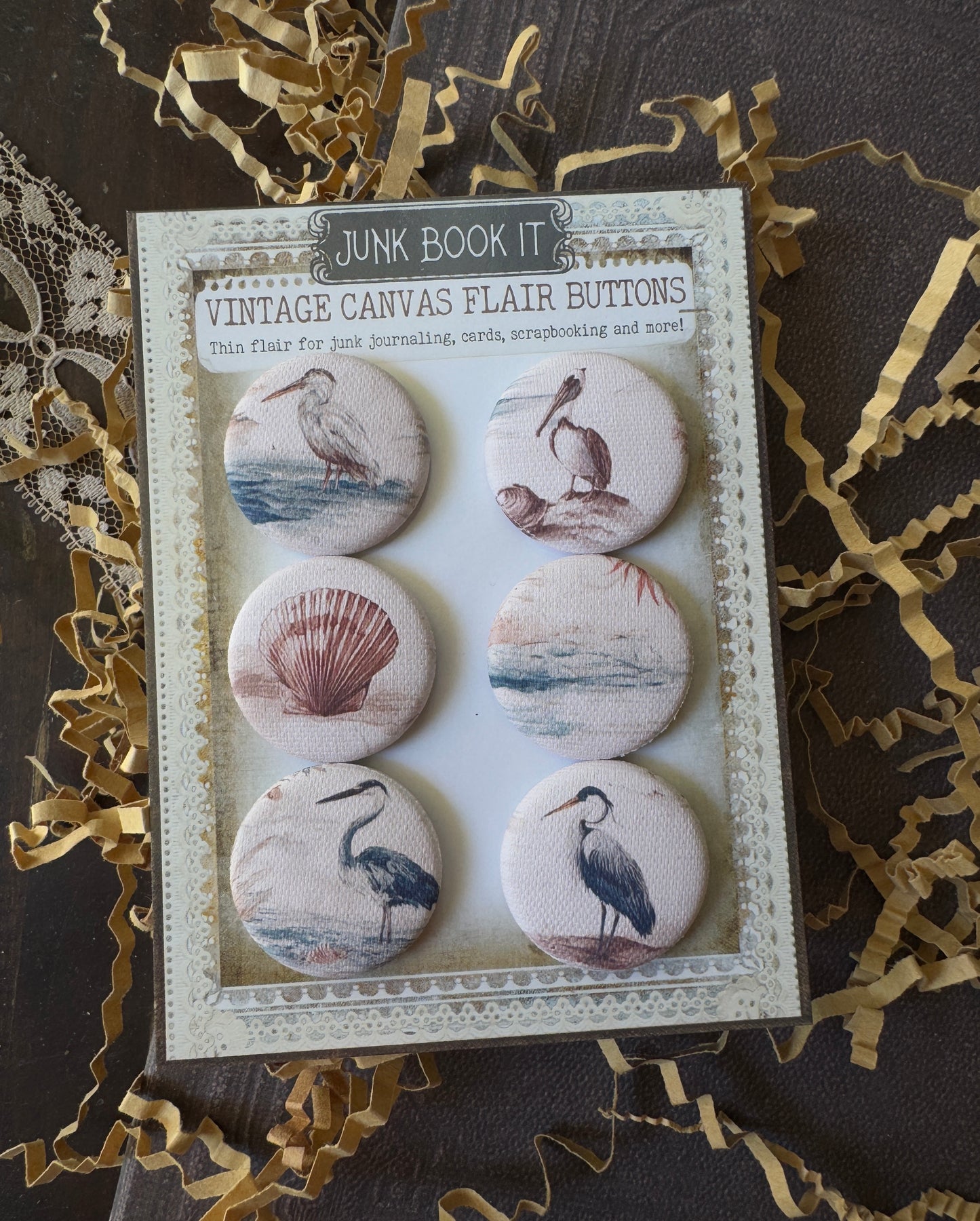 Vintage Coastal Birds Canvas Flair Buttons