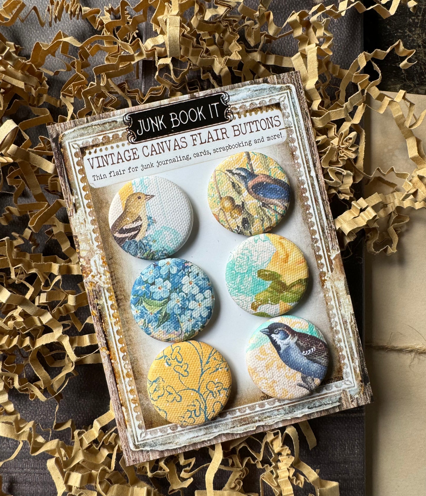 Vintage Yellow Birds Canvas Flair Buttons