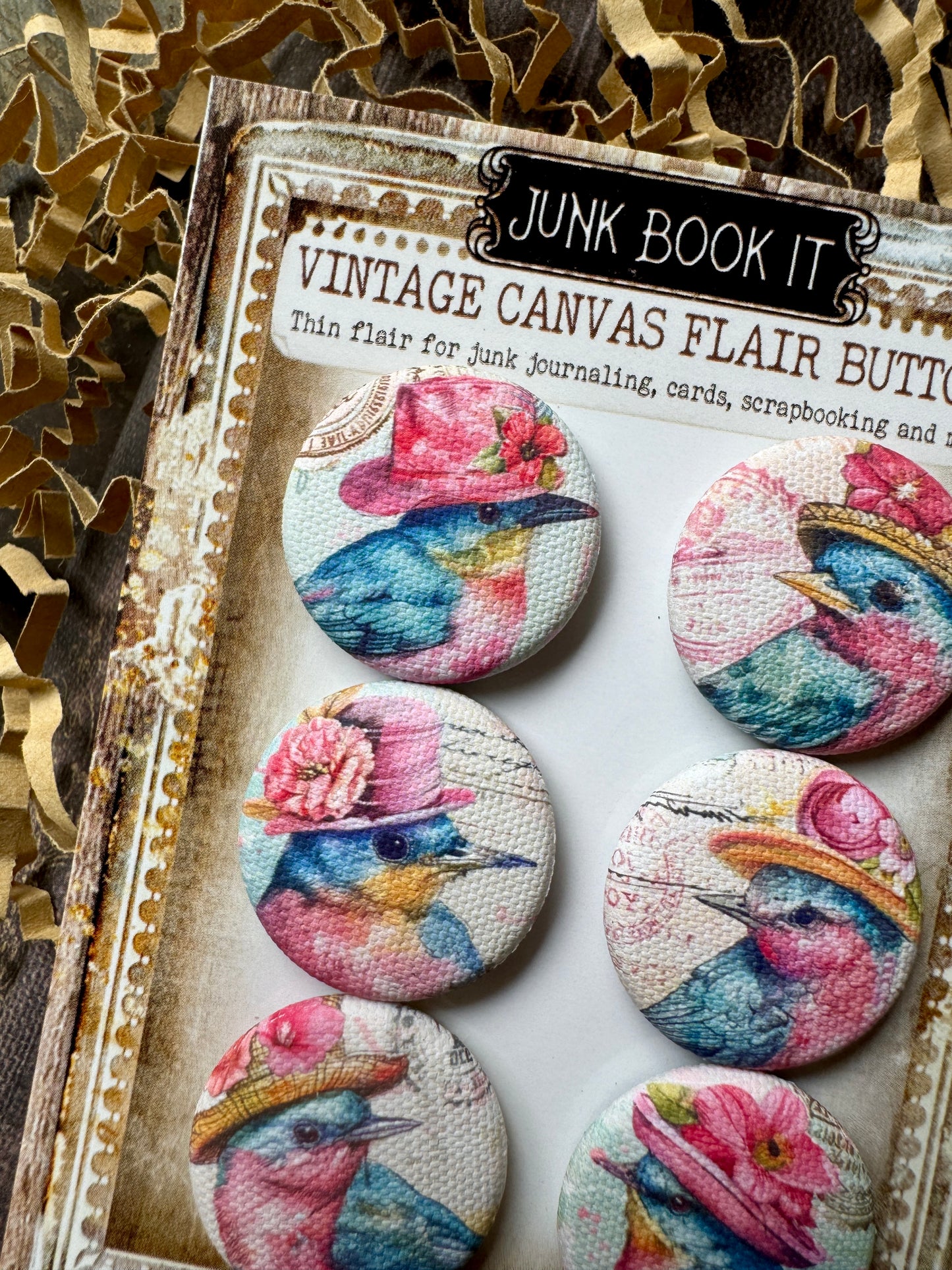 Vintage Sassy Birds Canvas Flair Buttons