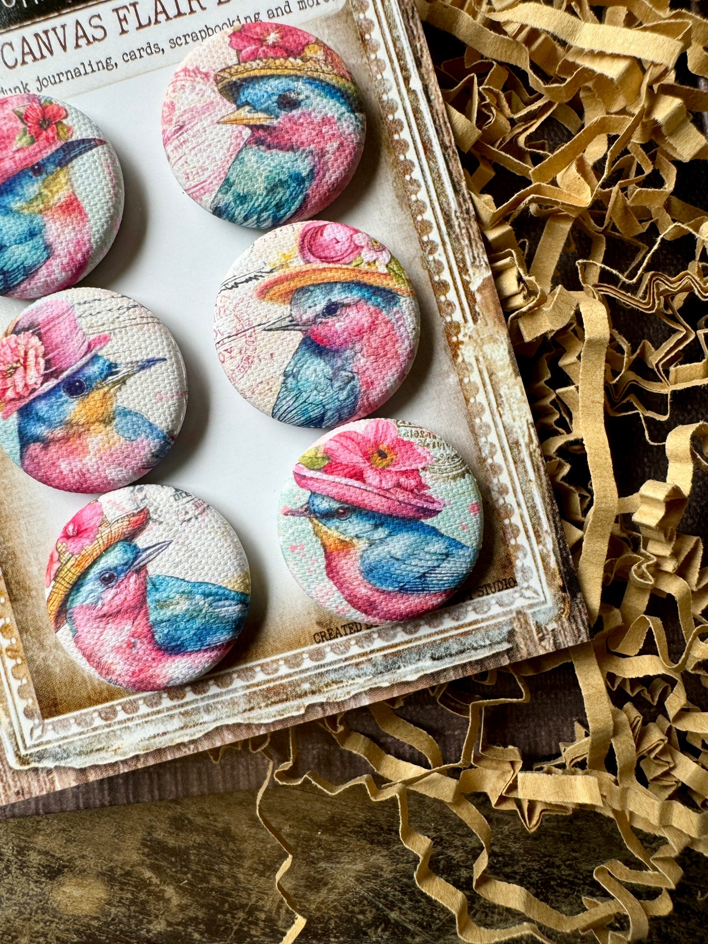 Vintage Sassy Birds Canvas Flair Buttons