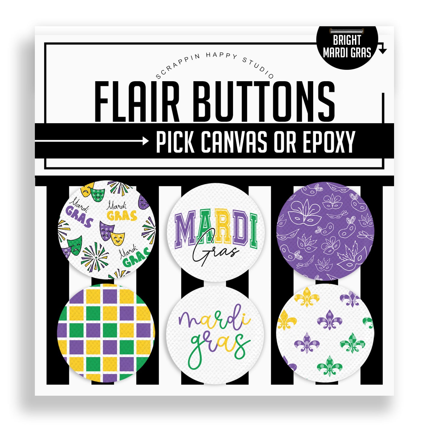 Bright Mardi Gras Flair Buttons