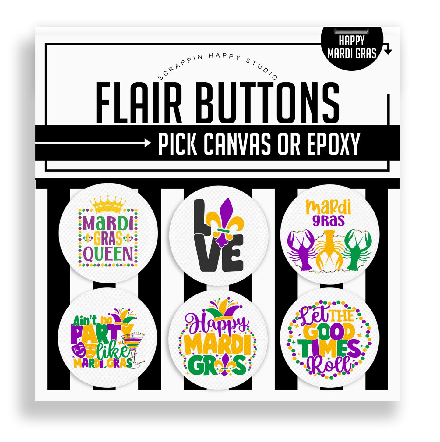 Happy Mardi Gras Flair Buttons