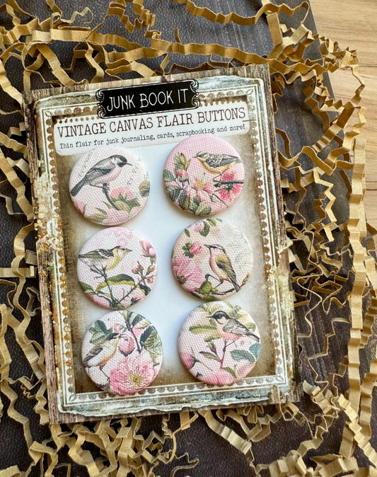 Vintage Pink Birds Canvas Flair Buttons