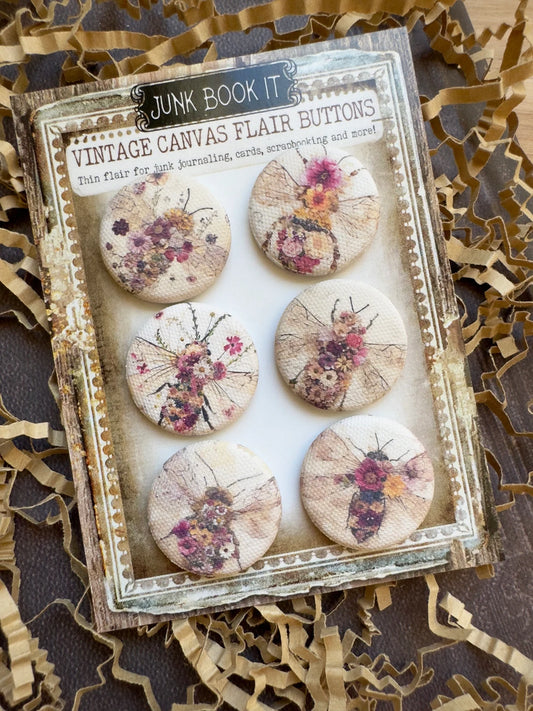 Vintage Floral Bee Canvas Flair Buttons