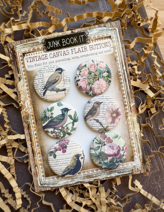 Vintage Spring Birds Canvas Flair Buttons