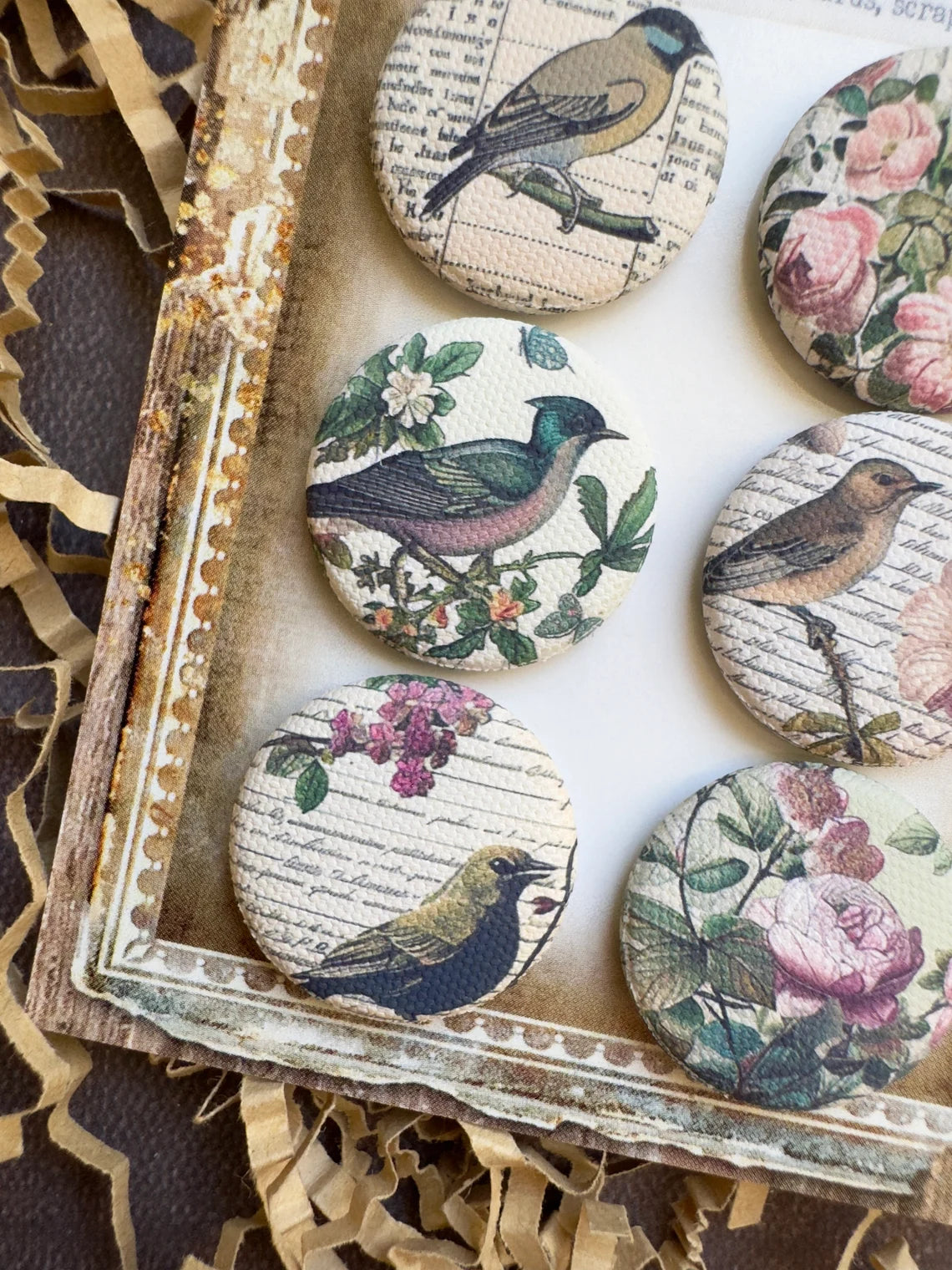 Vintage Spring Birds Canvas Flair Buttons