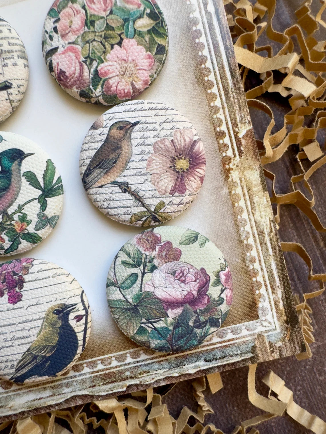 Vintage Spring Birds Canvas Flair Buttons