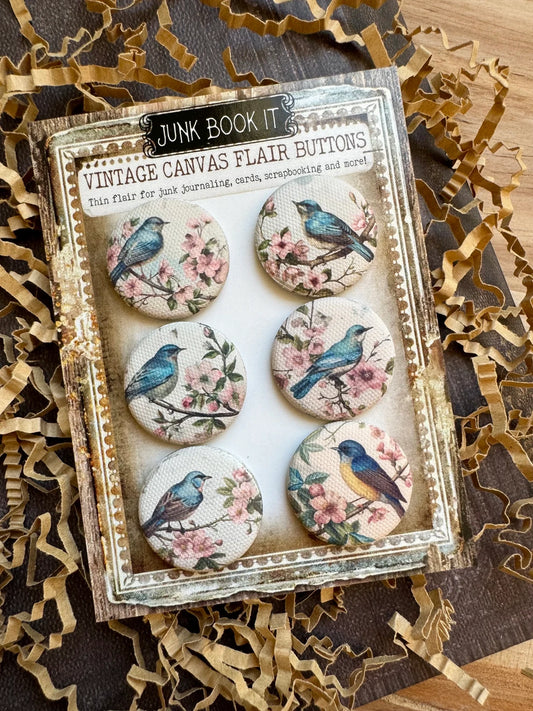 Vintage Cherry Blossom Birds Canvas Flair Buttons