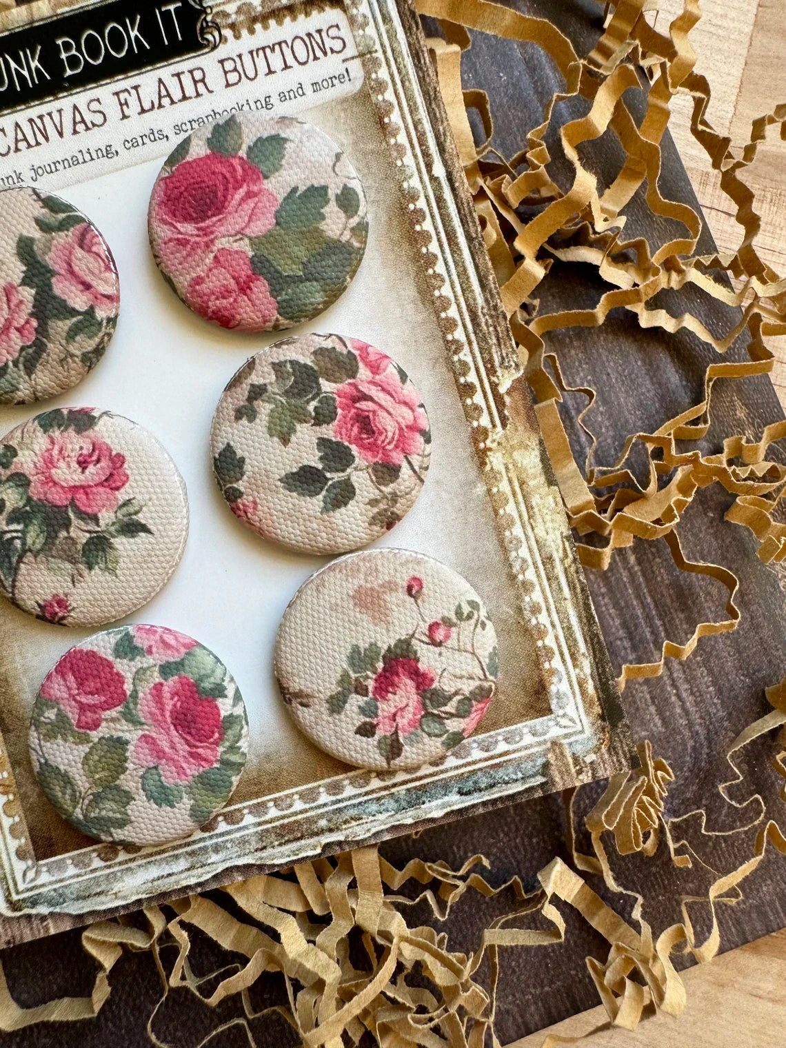 Vintage Pink Rose Canvas Flair Buttons