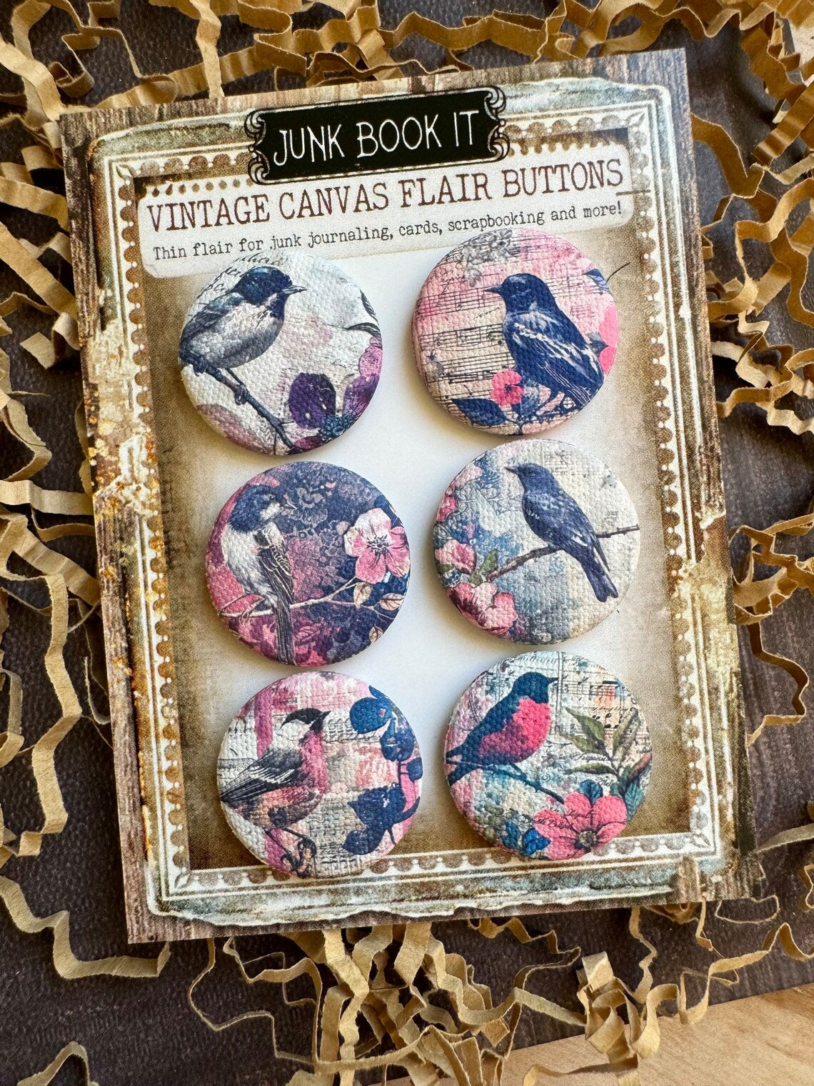 Vintage Pink And Blue Birds Canvas Flair Buttons