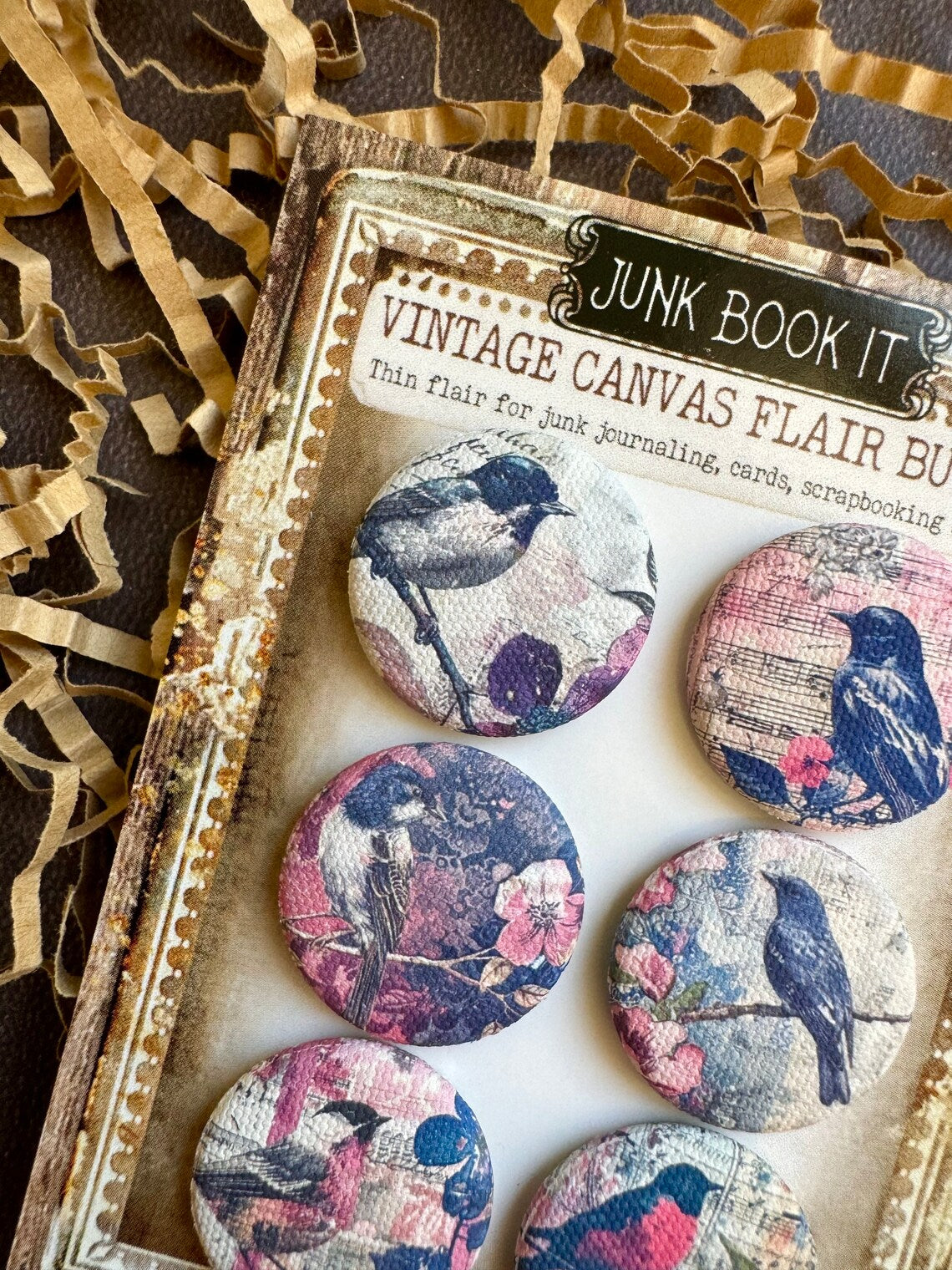 Vintage Pink And Blue Birds Canvas Flair Buttons