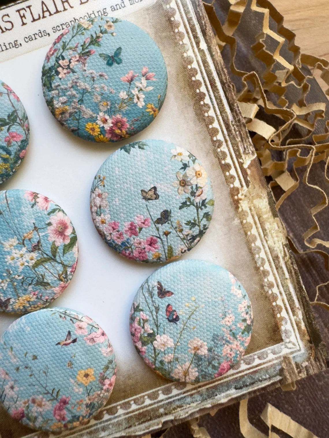 Vintage Blue Butterfly Florals Canvas Flair Buttons