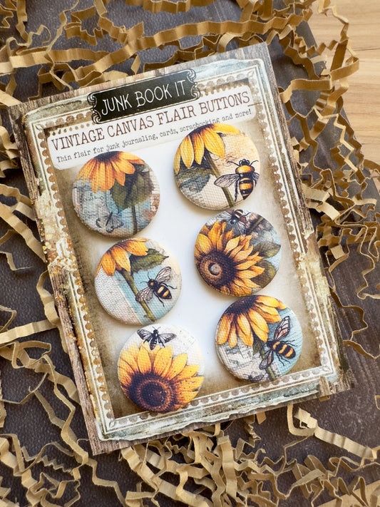 Vintage Sunflower Bee Canvas Flair Buttons