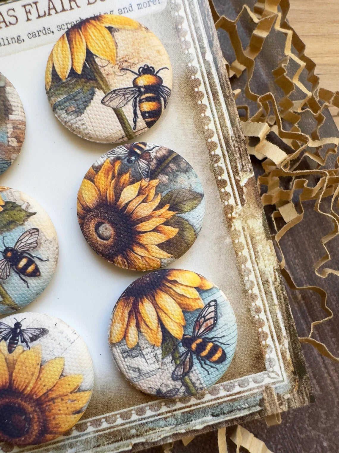 Vintage Sunflower Bee Canvas Flair Buttons