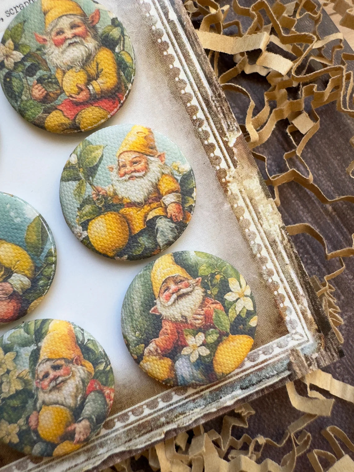 Vintage Lemon Gnome Canvas Flair Buttons