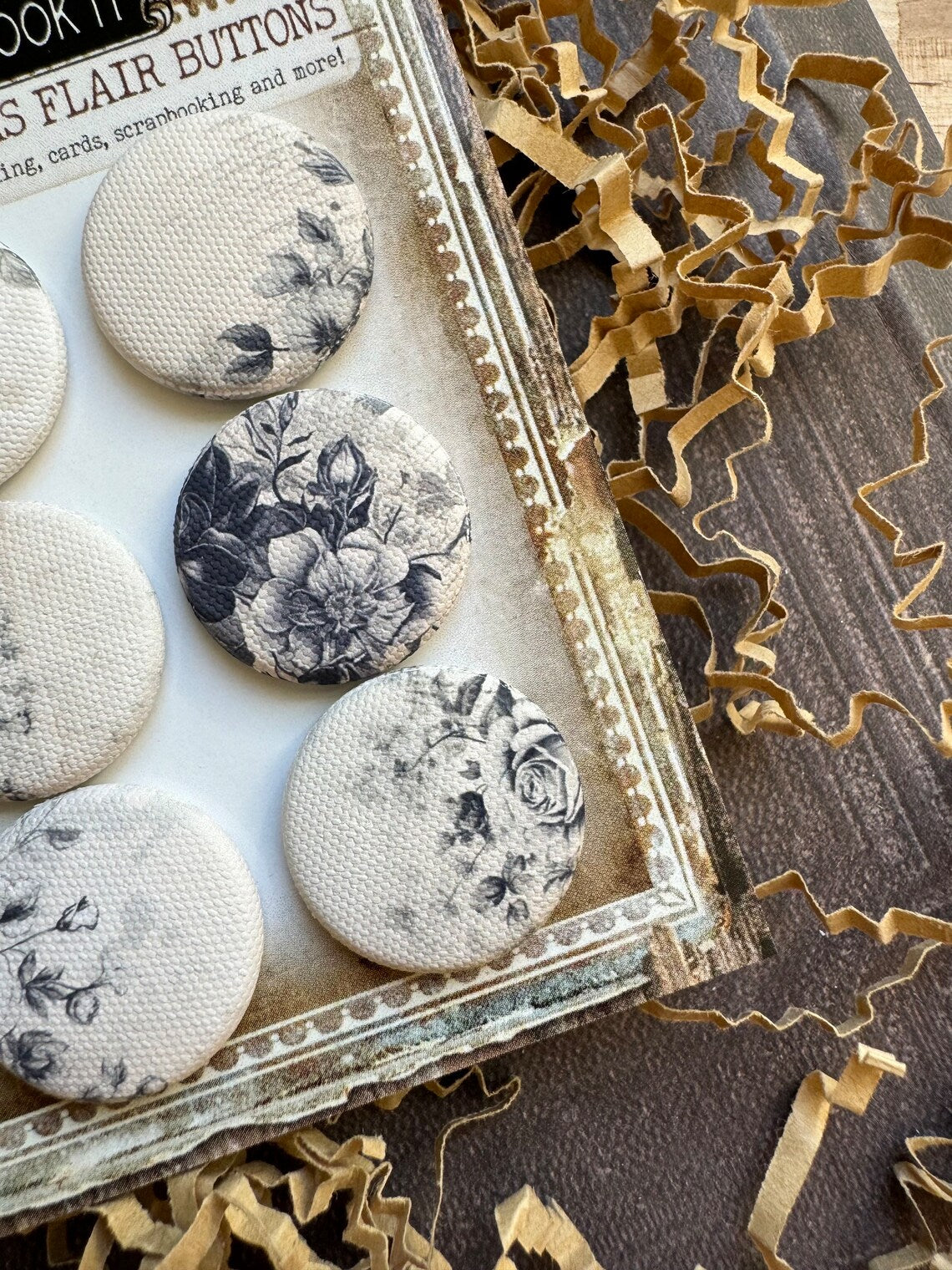 Vintage Black And White Florals Canvas Flair Buttons