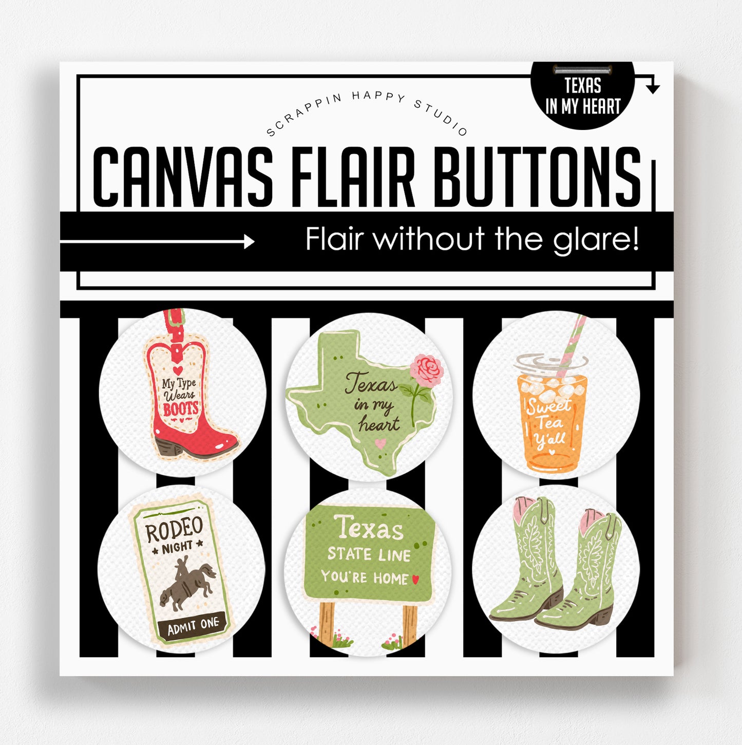 Texas In My Heart Canvas Flair Buttons