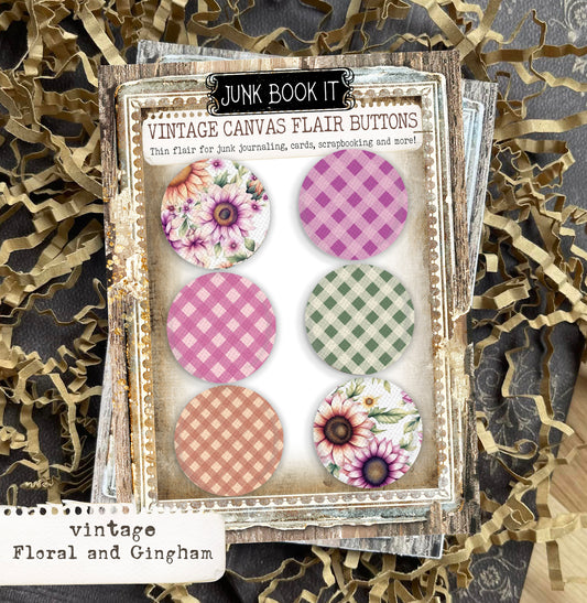 Vintage Summer Floral Gingham Canvas Flair Buttons