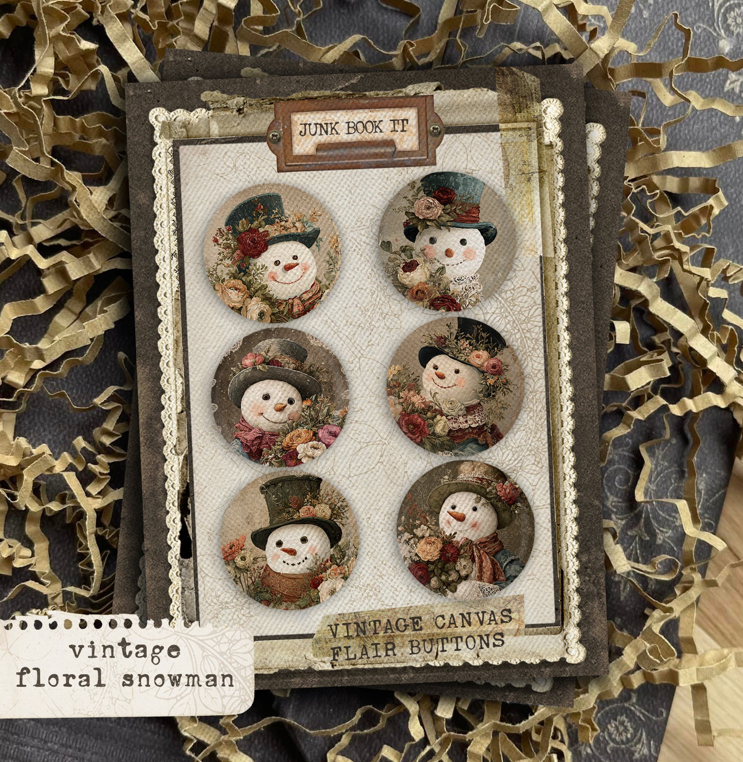 Vintage Floral Snowman Flair Buttons